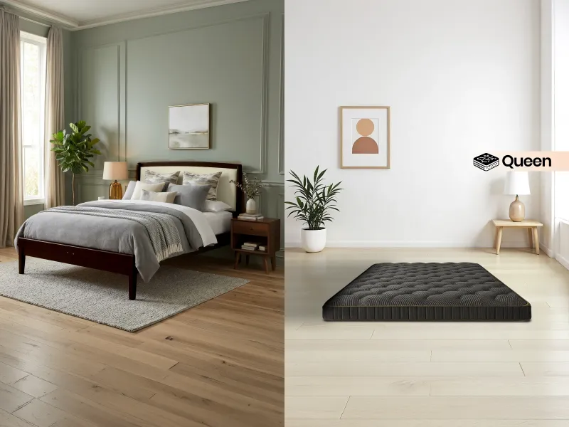 Orion Queen Upholstered Wooden Bed + Premium Foam Mattress Queen Size (78 x 60 x 4 inches)